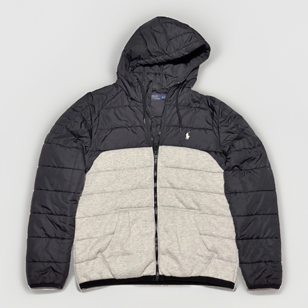 Polo Ralph Lauren Hybrid Quilted Puffer Jacket Gray Black Hoodie Mens Medium M